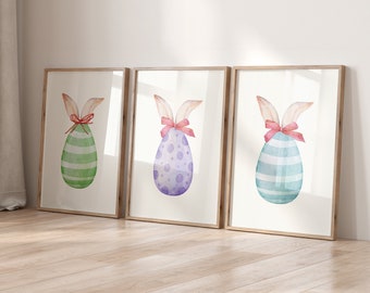 Set of 3 Easter Eggs Prints, Easter Bunny Ears Print, Floral Easter Print, Easter Printable Wall Art, Cute Watercolor Easter Egg Art Print