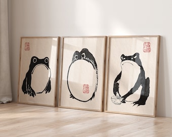 Set of 3 Japanese Frog Prints, Japanese Prints, Vintage Asian Art, Japanese Frog, Matsumoto Hoji Wall Decor, Wabi Sabi, Retro Frog Poster