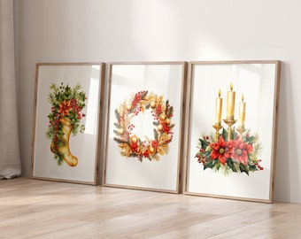 Gold Christmas Prints Set of 3, Gold Christmas Decor, Christmas Printable Wall Art, Neutral Christmas Decor, Trendy Christmas Wreath Print