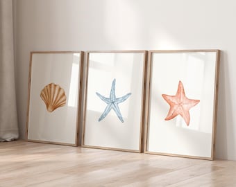 Puede incluir: Tres impresiones enmarcadas con ilustraciones de acuarela de conchas y estrellas de mar. La primera impresión presenta una concha marrón, la segunda impresión presenta una estrella de mar azul y la tercera impresión presenta una estrella de mar roja.