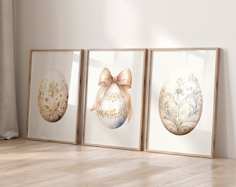 Set of 3 Easter Egg Prints, Neutral Easter Decor, Minimalist Easter Prints, Easter Printable Wall Art, Pastel Beige Watercolor Easter Print