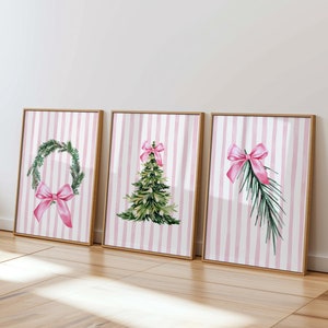 Coquette Christmas Prints Set of 3, Pink Christmas Printables, Trendy Xmas Decor, Pink Bow Prints, Preppy Christmas Art, DIGITAL DOWNLOAD