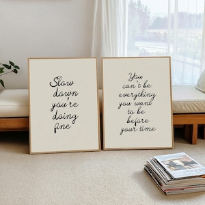 Conjunto de arte de parede inspiradora com 2 impressões, Slow Down You're Doing Fine Print, decoração estética de apartamento, arte de lembrete diário, DOWNLOAD DIGITAL