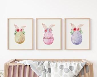 Set of 3 Easter Egg Prints, Easter Bunny Ears Print, Floral Easter Print, Easter Printable Wall Art, Pastel Watercolour Easter Eggs Print