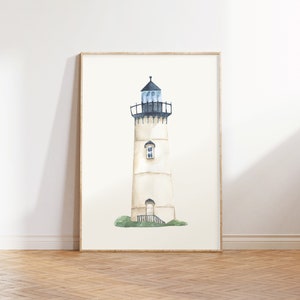 May include: A watercolor painting of a white lighthouse with a black roof and a black railing. The lighthouse is set against a white background.