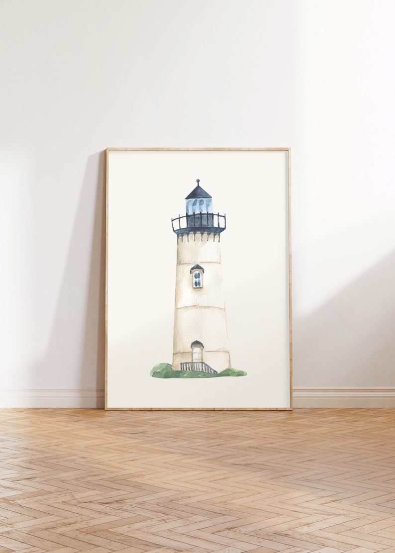 May include: A watercolor painting of a white lighthouse with a black roof and a black railing. The lighthouse is set against a white background.