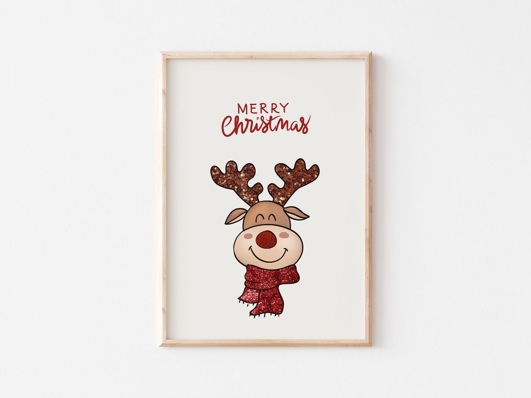 Rudolph Christmas Print: Glitter Reindeer, Holiday Wall Art (digital ...
