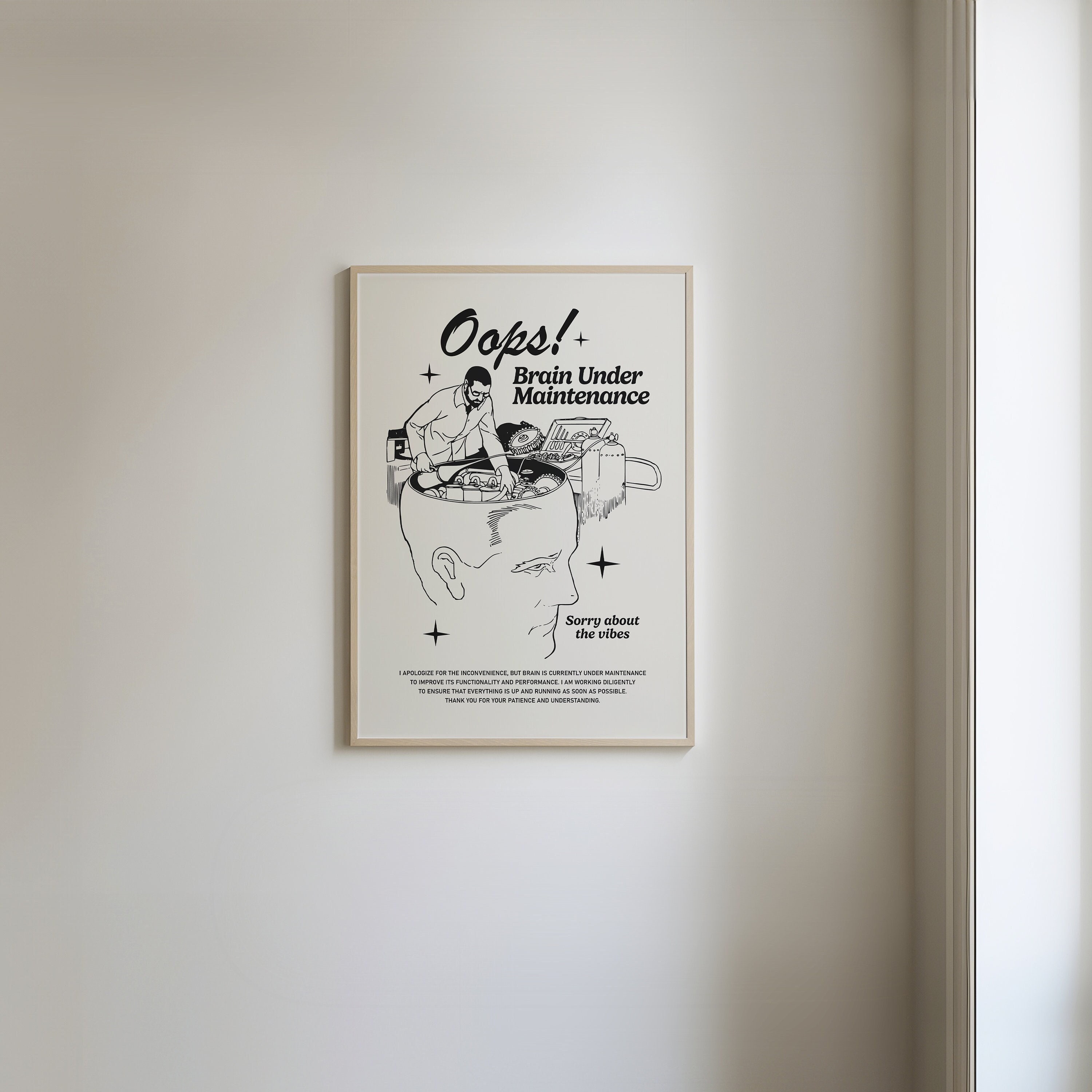 Trendy Funny Prints, Brain Under Maintenance, Retro Mental Health Print, Digital Download, Funny Psychology Prints, Retro Printable Wall Art