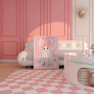 Decorazione murale con fantasma con fiocco rosa, stampabile per Halloween in stile preppy, stampa di Halloween in stile civettuolo, stampa di un simpatico fantasma, decorazioni di Halloween alla moda, DOWNLOAD DIGITALE immagine 10