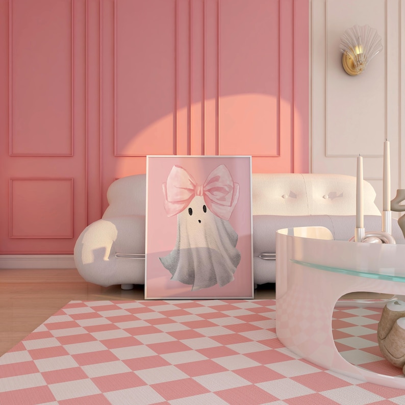 Decorazione murale con fantasma con fiocco rosa, stampabile per Halloween in stile preppy, stampa di Halloween in stile civettuolo, stampa di un simpatico fantasma, decorazioni di Halloween alla moda, DOWNLOAD DIGITALE immagine 10