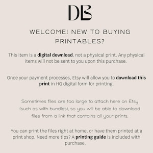 May include: Text on a white background explaining that this item is a digital download, not a physical print. The text also explains that the buyer will be able to download the print in high quality digital form for printing. The text also explains that sometimes files are too large to attach to Etsy, so the buyer will be able to download the files from a link that contains all the prints. The text also explains that the buyer can print the files at home or have them printed at a print shop. The text also explains that a printing guide is included with purchase.