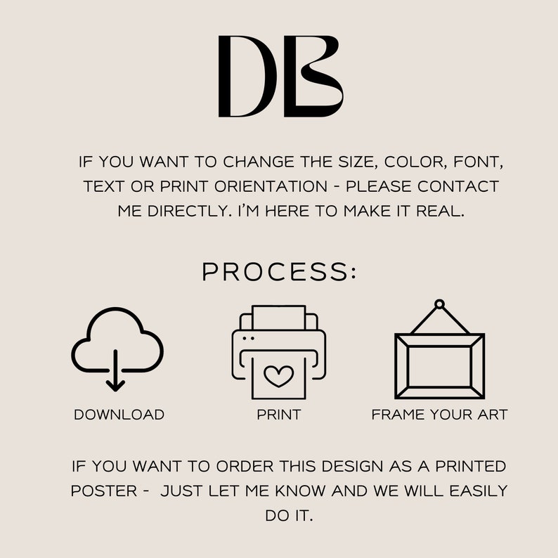 Puede incluir: Ilustraci&oacute;n en blanco y negro de una nube de descarga, una impresora con un coraz&oacute;n y un marco de imagen. El texto dice: "DB", "SI QUIERES CAMBIAR EL TAMA&Ntilde;O, EL COLOR, LA FUENTE, EL TEXTO O LA ORIENTACI&Oacute;N DE IMPRESI&Oacute;N - POR FAVOR CONTACTA CONMIGO DIRECTAMENTE. ESTOY AQU&Iacute; PARA HACERLO REAL.", "PROCESO:", "DESCARGAR", "IMPRIMIR", "ENMARCA TU ARTE", "SI QUIERES PEDIR ESTE DISE&Ntilde;O COMO UN P&Oacute;STER IMPRESO - SOLO HAZMELO SABER Y LO HAREMOS F&Aacute;CILMENTE."