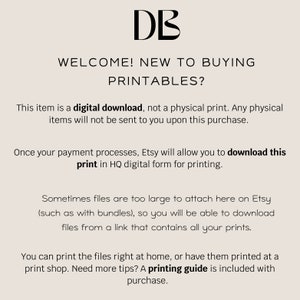 K&ouml;nnte beinhalten: Text auf wei&szlig;em Hintergrund: "DB WILLKOMMEN! NEU IM KAUF VON DRUCKVORLAGEN? Dieser Artikel ist ein digitaler Download, kein physischer Druck. Alle physischen Artikel werden Ihnen bei diesem Kauf nicht zugesandt. Sobald Ihre Zahlung verarbeitet wurde, k&ouml;nnen Sie diesen Druck in HQ-digitaler Form zum Drucken herunterladen. Manchmal sind Dateien zu gro&szlig;, um sie hier auf Etsy anzuh&auml;ngen (z. B. bei Bundles), daher k&ouml;nnen Sie die Dateien &uuml;ber einen Link herunterladen, der alle Ihre Drucke enth&auml;lt. Sie k&ouml;nnen die Dateien direkt zu Hause ausdrucken oder sie in einer Druckerei drucken lassen. Ben&ouml;tigen Sie weitere Tipps? Ein Druckleitfaden ist im Kauf enthalten."