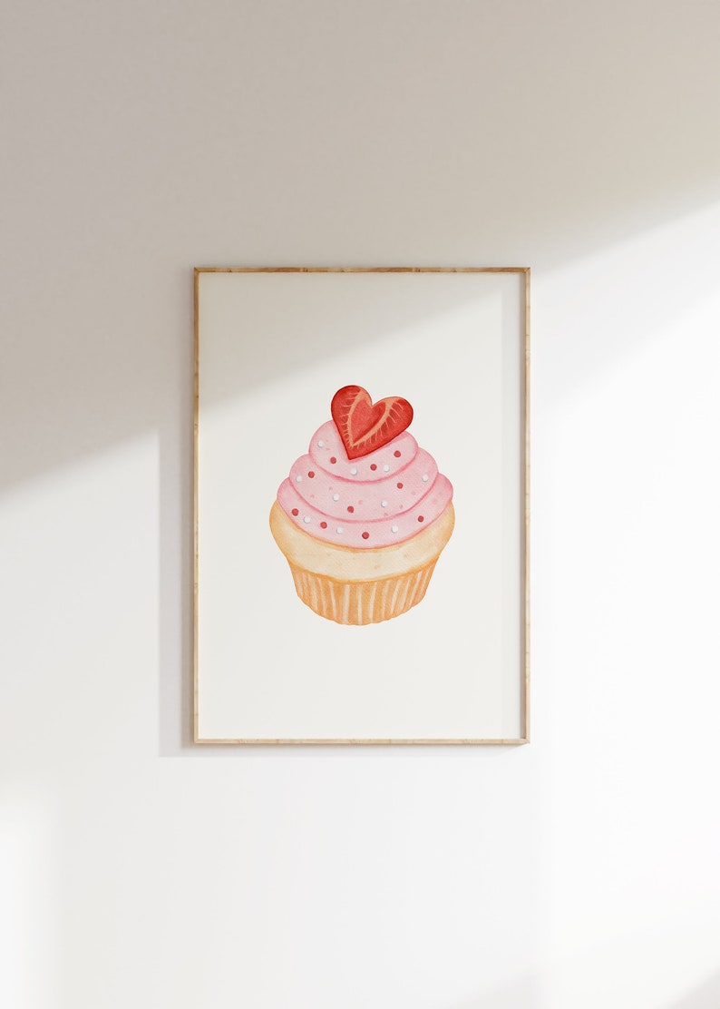 Trendy Pink Valentines Day Kitchen Printable Wall Art, Cupcake Watercolour Painting, Pastel Love Print, Cute Minimalist Valentines Day Decor image 7