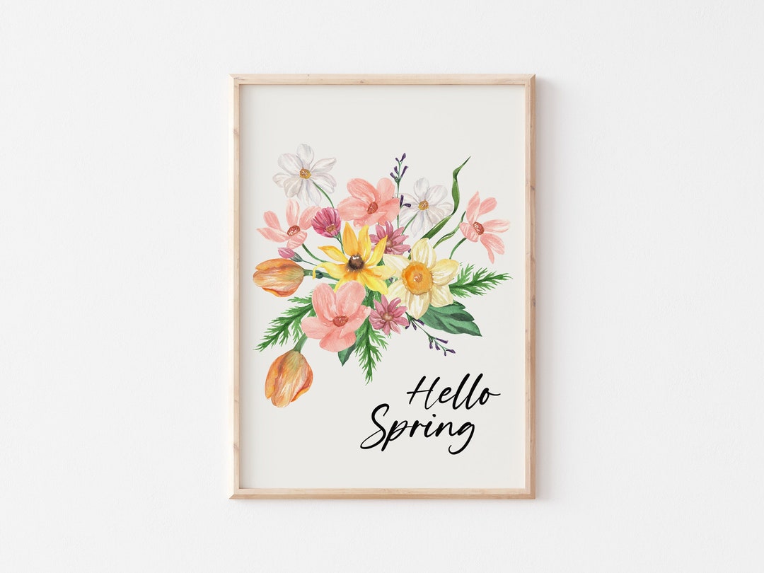 Hello Spring Printing Hello Spring Print, Watercolor Flowers Print, Spring Printable Wall Art ...