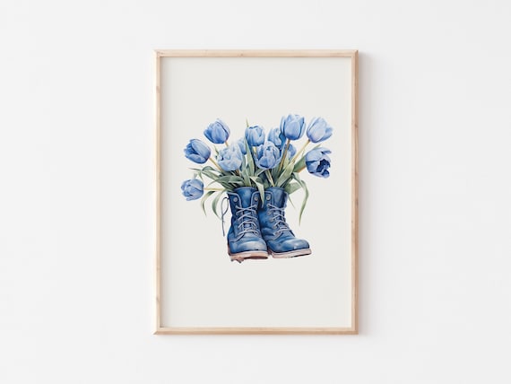 Boots with Flowers, Blue Tulip Flowers, Watercolor Tulip Print, Spring Printable Wall Art, Floral Wall Art, Spring Decor, Tulips Bouquet Art