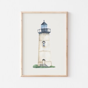 May include: A watercolor painting of a white lighthouse with a black roof and a black door. The lighthouse is surrounded by green grass.