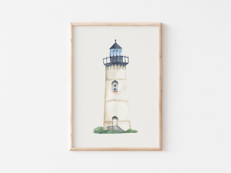 May include: A watercolor painting of a white lighthouse with a black roof and a black door. The lighthouse is surrounded by green grass.
