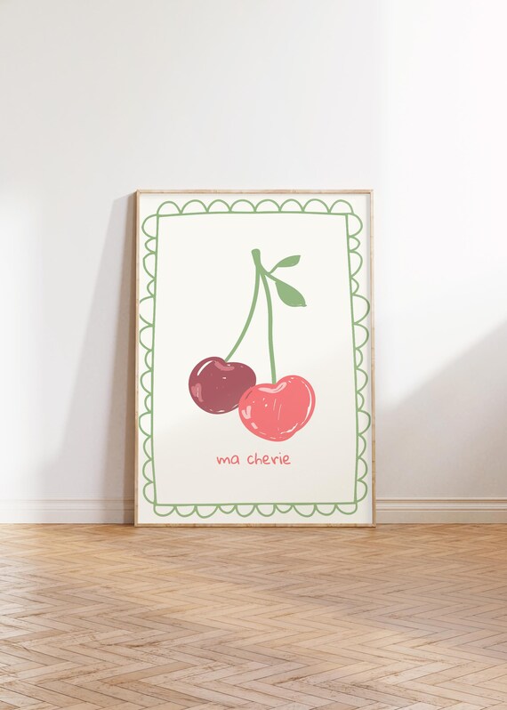 Ma Cherie Cherry Print, Preppy Cherry Poster, Trendy Printable Wall Art, Retro Preppy Dorm Wall Decor, Yk2 Aesthetic Decor, DIGITAL DOWNLOAD
