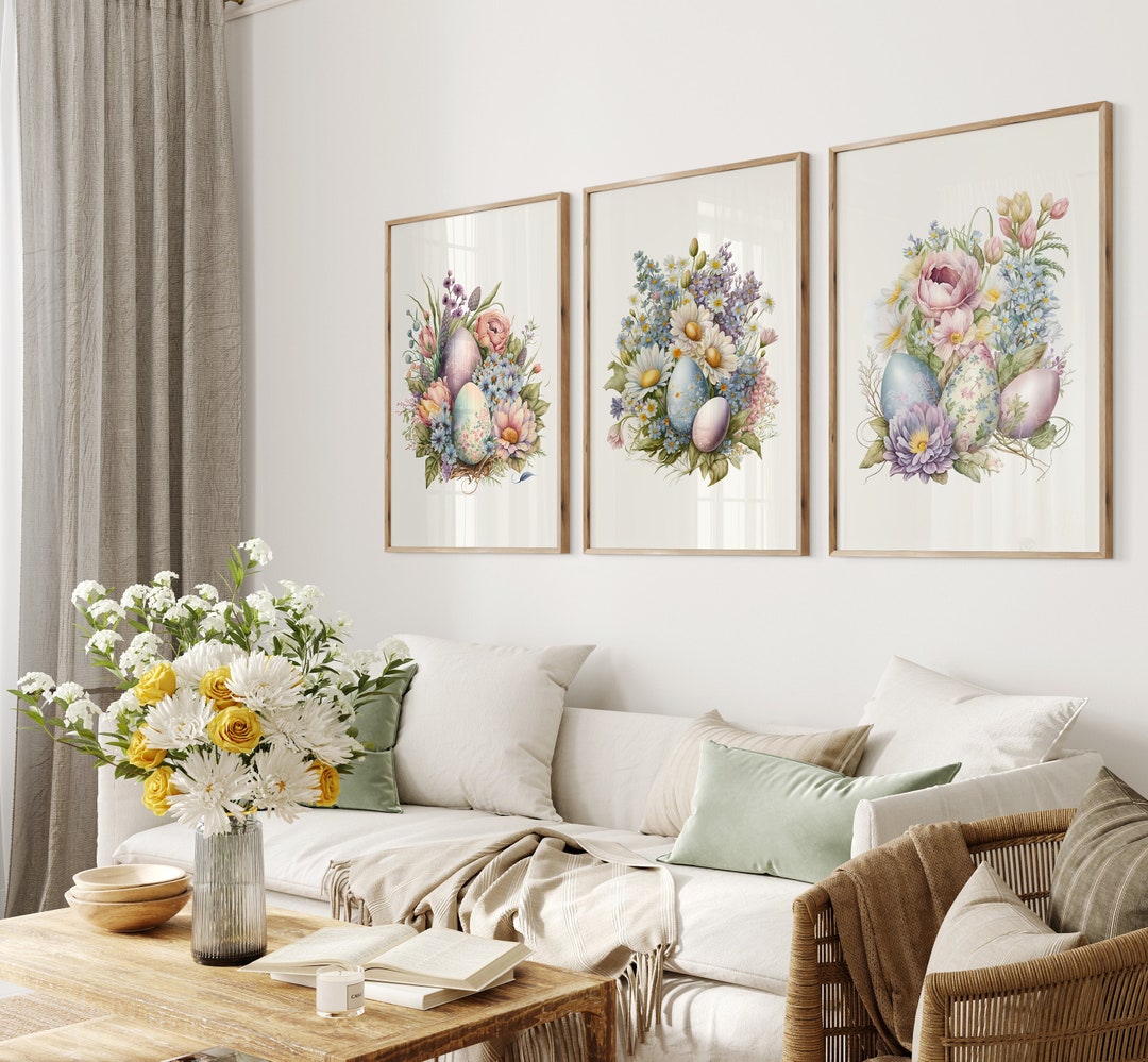 Set of 3 Easter Prints, Easter Egg Wall Art, Floral Easter Print