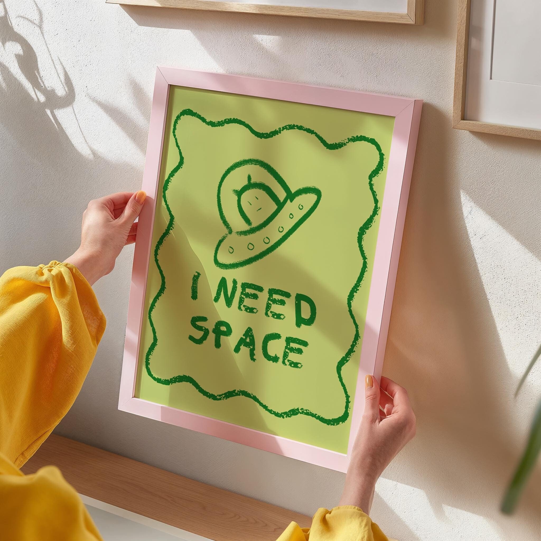 I Need Space Art Print, Funny Alien Poster, Ufo Poster, Funny Dorm Decor, Green Aesthetic Art Prints, Quirky Home Decor, Maximalist Wall Art