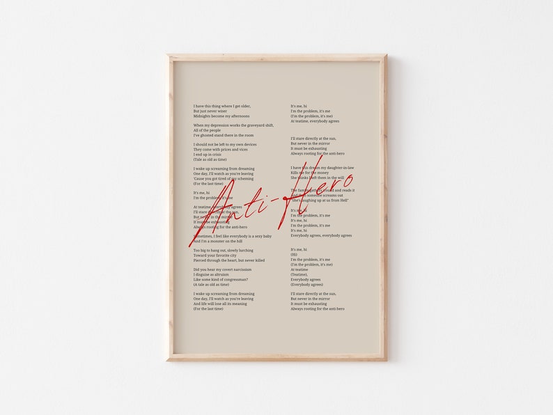 Anti Hero Song Lyrics Poster, Taylor's Version Art Print, Aesthetic Girly Wall Art, Minimalist