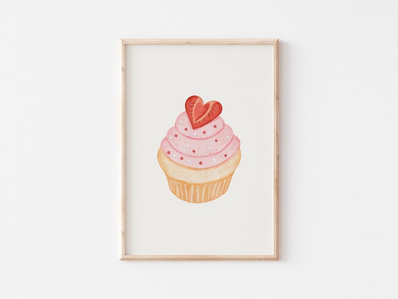 Trendy Pink Valentines Day Kitchen Printable Wall Art, Cupcake Watercolour Painting, Pastel Love Print, Cute Minimalist Valentines Day Decor image 1