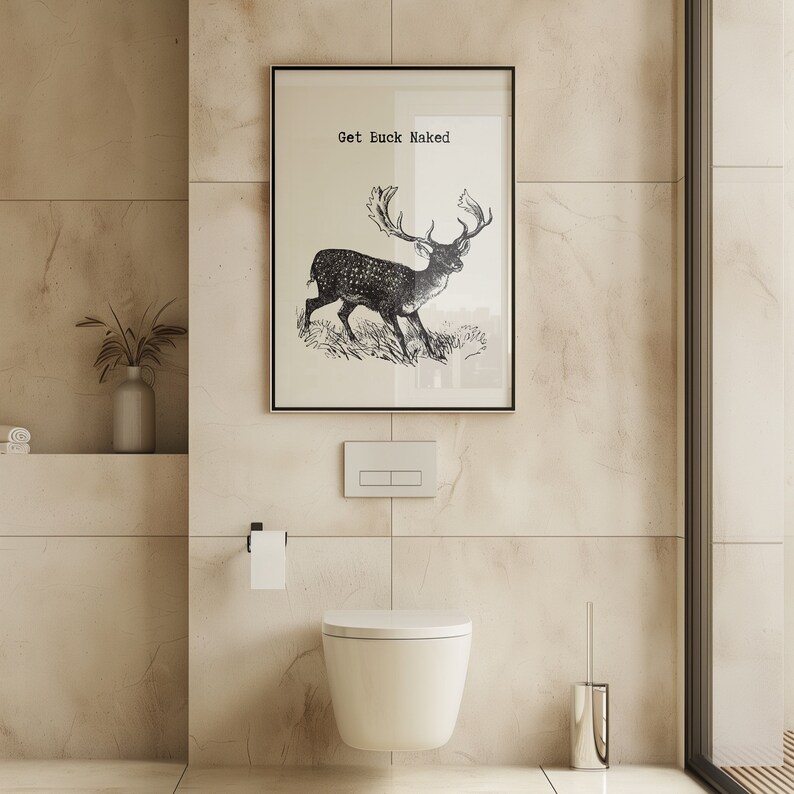 Vintage Bathroom Print Retro Deer Poster Minimalist Bath Art Funny Bathroom Print Get Buck