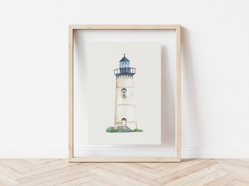 May include: A watercolor painting of a white lighthouse with a black roof and a black door. The lighthouse is set against a white background and is framed in a light wood frame.