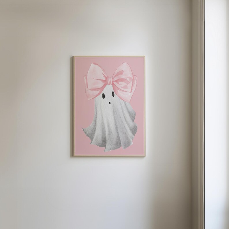 Decorazione murale con fantasma con fiocco rosa, stampabile per Halloween in stile preppy, stampa di Halloween in stile civettuolo, stampa di un simpatico fantasma, decorazioni di Halloween alla moda, DOWNLOAD DIGITALE immagine 9