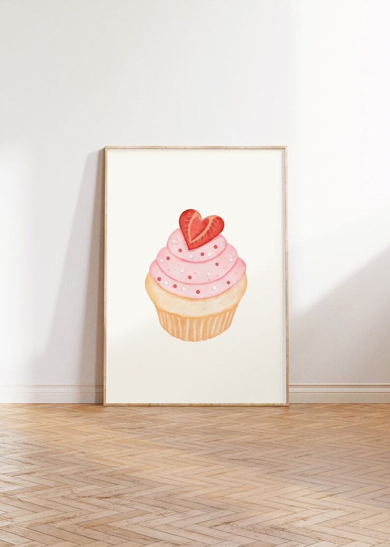 Trendy Pink Valentines Day Kitchen Printable Wall Art, Cupcake Watercolour Painting, Pastel Love Print, Cute Minimalist Valentines Day Decor image 5