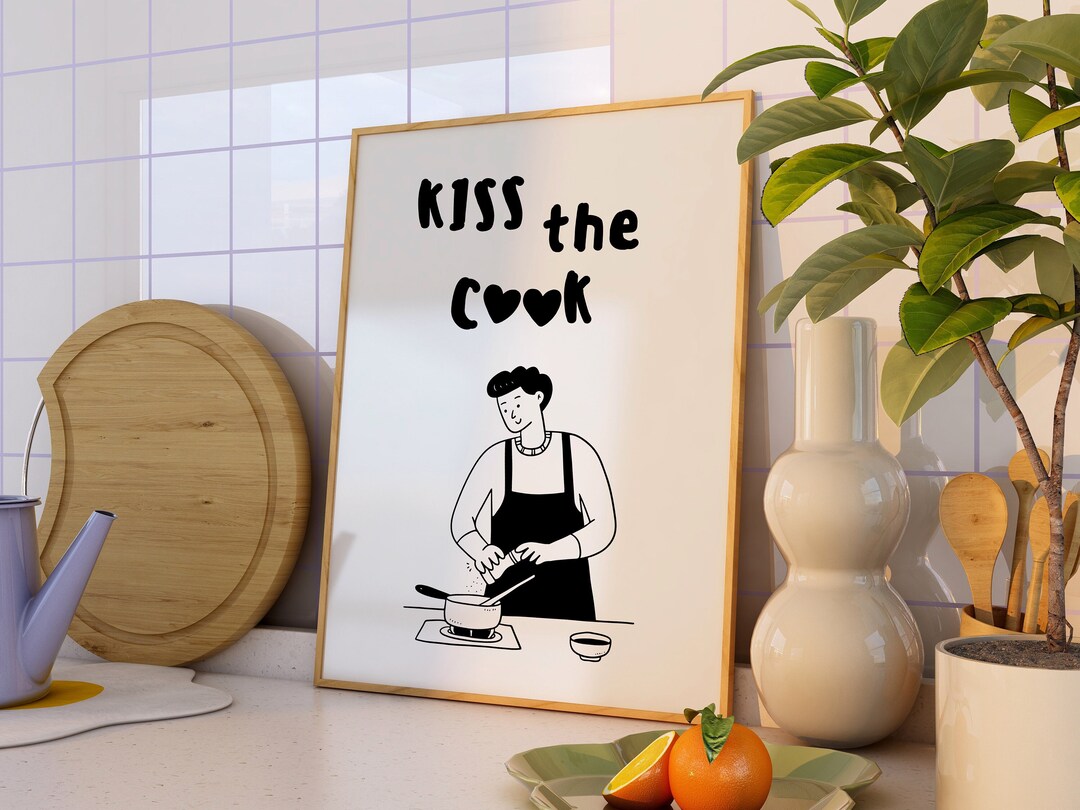 artsy kitchen print, food recipe print, print... Kiss the Cook Print, Aesthetic Kitchen Decor, Cute Cooking Art, Trendy ...