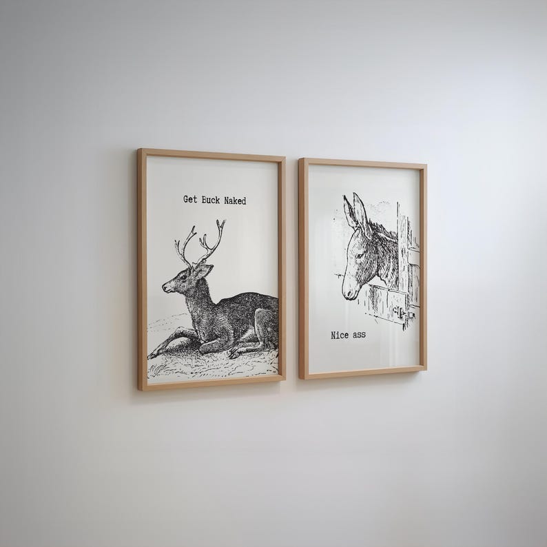 Vintage Bathroom Prints Set of 2, Minimalist Bath Art, Funny Bathroom