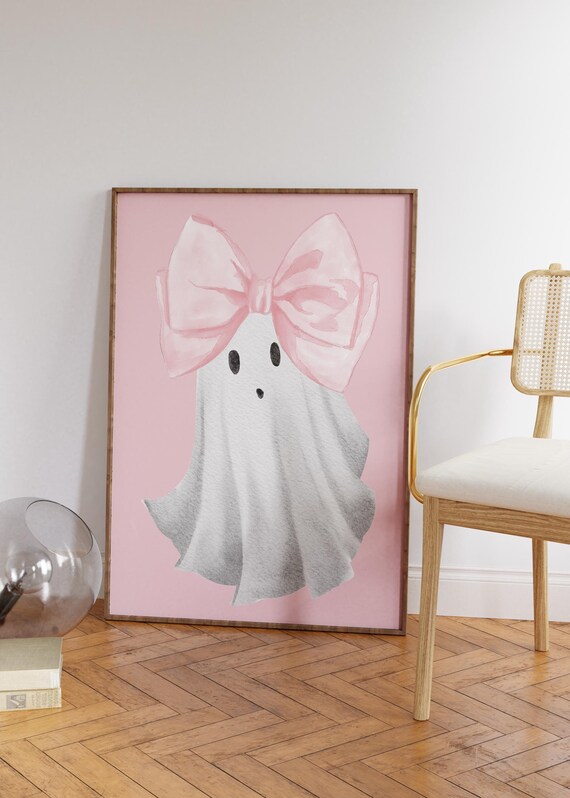Pink Bow Ghost Wall Art, Preppy Halloween Printable Art, Coquette Halloween Art, Cute Ghost Print, Groovy Halloween Decor, DIGITAL DOWNLOAD