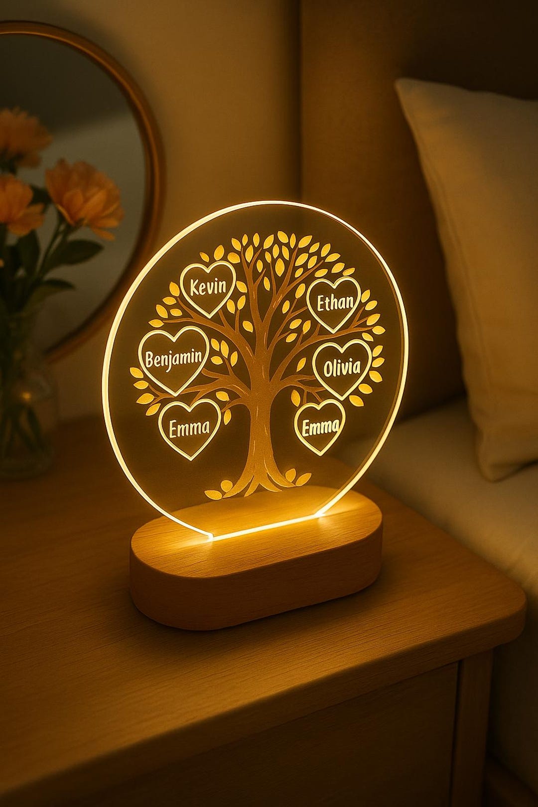Personalized Heart Family Tree Night Light – Custom Acrylic LED Lamp ...
