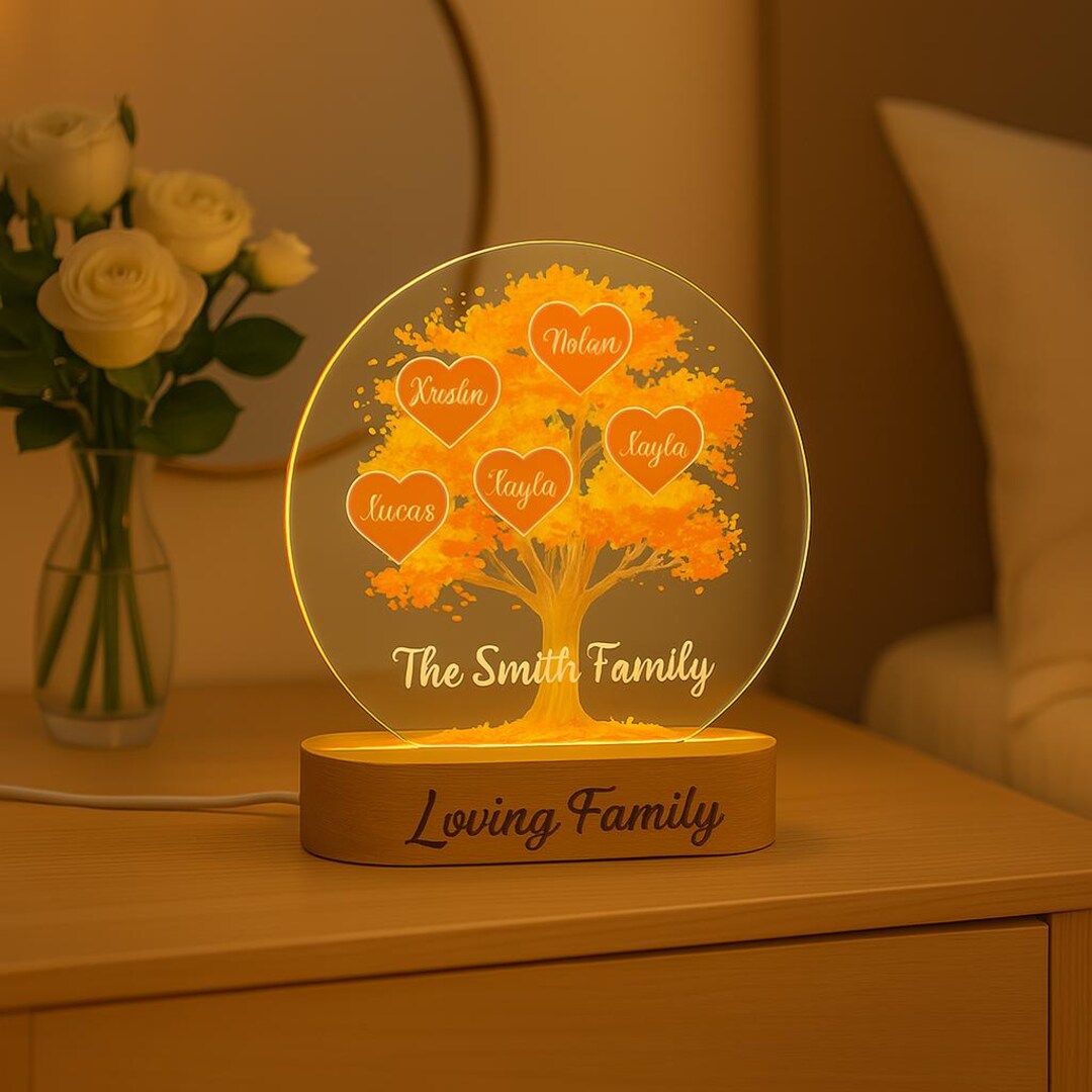 Personalized Family Tree Night Light – Custom Acrylic LED Lamp With ...