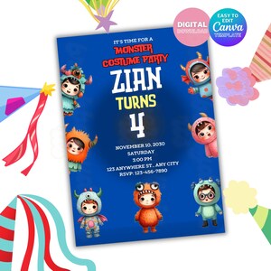 Monster Kostüm Party Einladung, bearbeitbar Geburtstag E-vite (Digitaler Download)