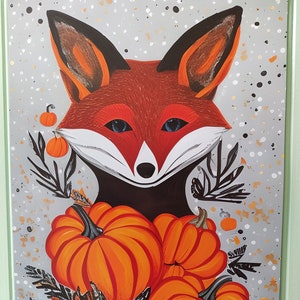 May include: A red fox with blue eyes is surrounded by orange pumpkins and black and green foliage on a gray background with white and black dots.