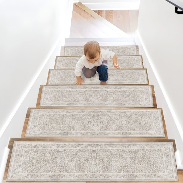 Traditional Cream Stair Treads Rugs|Stair Runner|Stair Rug|Stair Treads|Stair Decor|Custom Stair Rug|Machine Washable Rug|Non-Slip Rugs