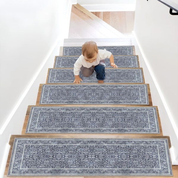 Traditional Step Rugs|Stair Treads|Stair Runner|Stair Rug|Non Slip Stair Treads|Washable Rugs|Custom Stair Rug|Blue Stair Treads|Stair Decor