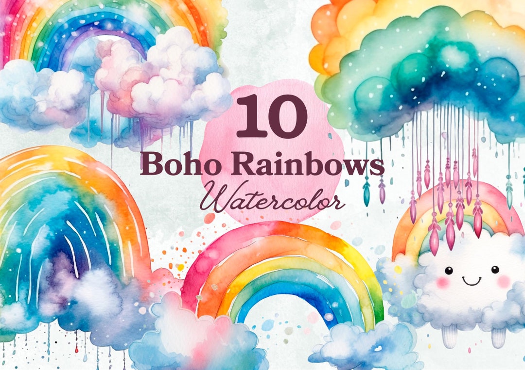 10 Boho Rainbows Watercolor Clipart PNG Whimsical Rainbow Illustrations ...