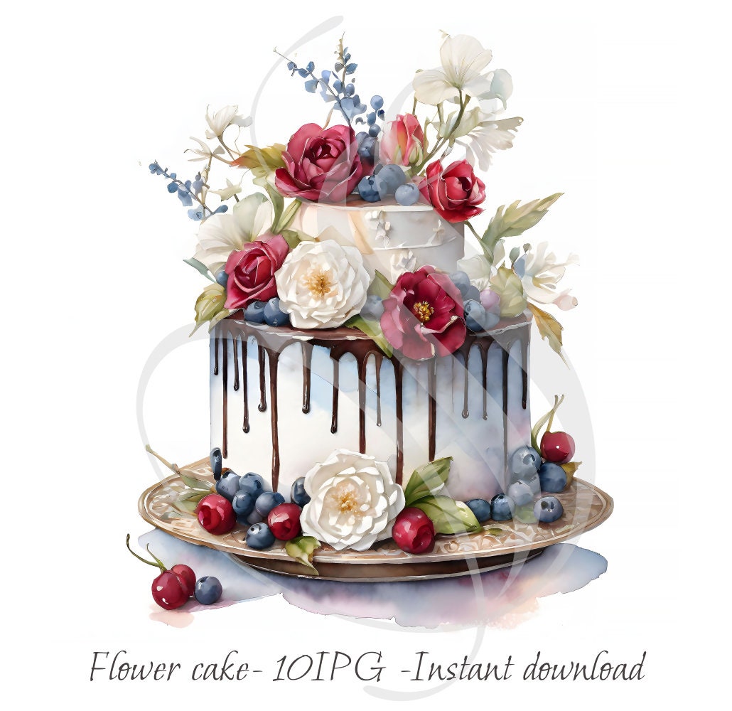 Colorful Watercolor Happy Birthday Flower Cake Clipart Bundle - Set of ...