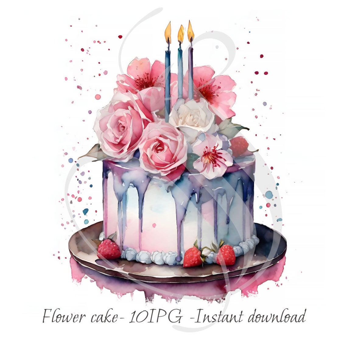 Colorful Watercolor Happy Birthday Flower Cake Clipart Bundle - Set of ...