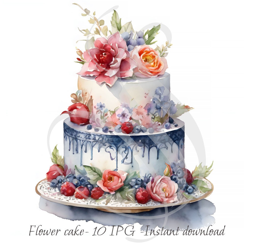 Colorful Watercolor Happy Birthday Flower Cake Clipart Bundle - Set of ...