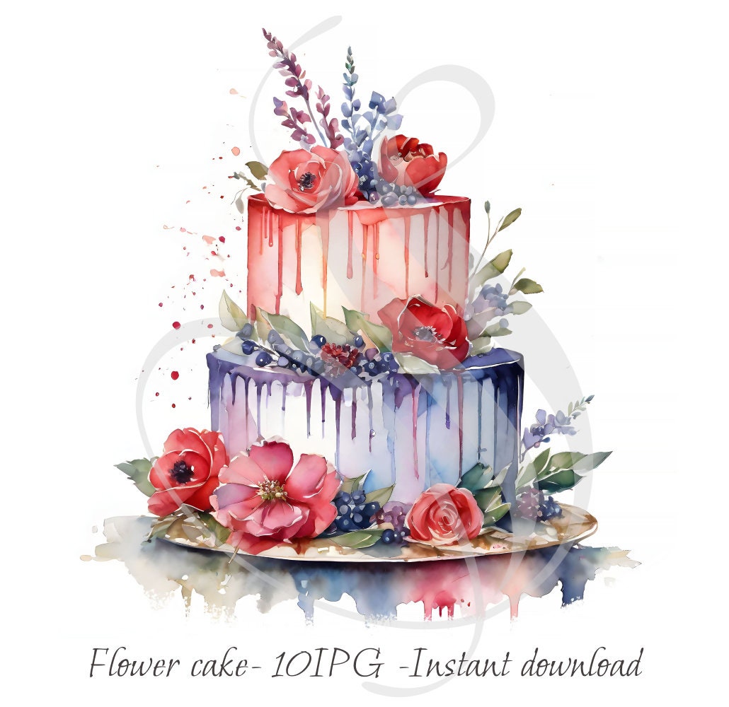 Colorful Watercolor Happy Birthday Flower Cake Clipart Bundle - Set of ...