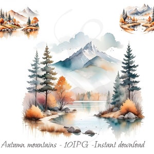 Watercolor Fall Scenery Clipart Set - 10 JPG Autumn Landscape Images - Commercial Use