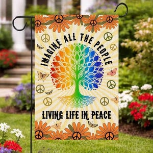 Imaginez toutes les personnes vivant dans la paix : drapeau du jardin, drapeau arc-en-ciel de l'arbre de vie, cadeaux de sensibilisation sociale pour un militant militant pour la paix
