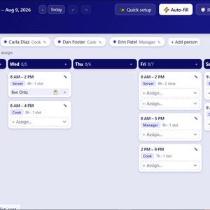 May include: A digital employee scheduling interface titled Sunrise Café for the week of Aug 3 to Aug 9, 2026. The dark blue dashboard displays columns for each day of the week, listing staff names like Ava Chen, Ben Ortiz, and Erin Patel with assigned roles.