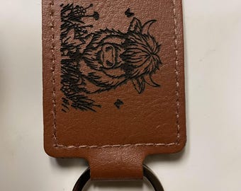 Personalized Highland Cow Leather Keychain | Custom Name Engraved | Cute Farmhouse Gift