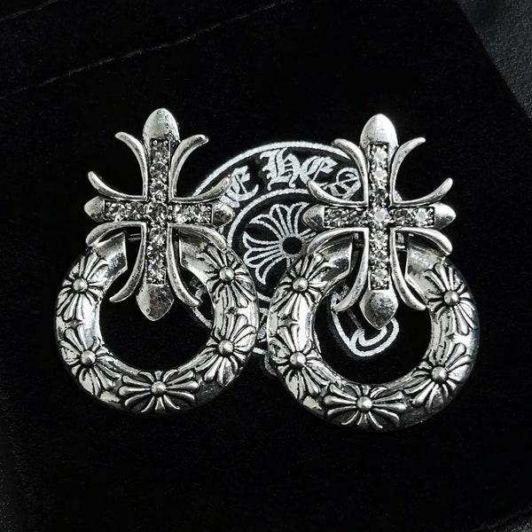 Chrome Hearts Inspired Silver Zirconia Earrings, Unisex Gothic Cross Earrings, Aged Silver Emo Hearts Jewelry, Streetwear Hip-Hop Jewelry